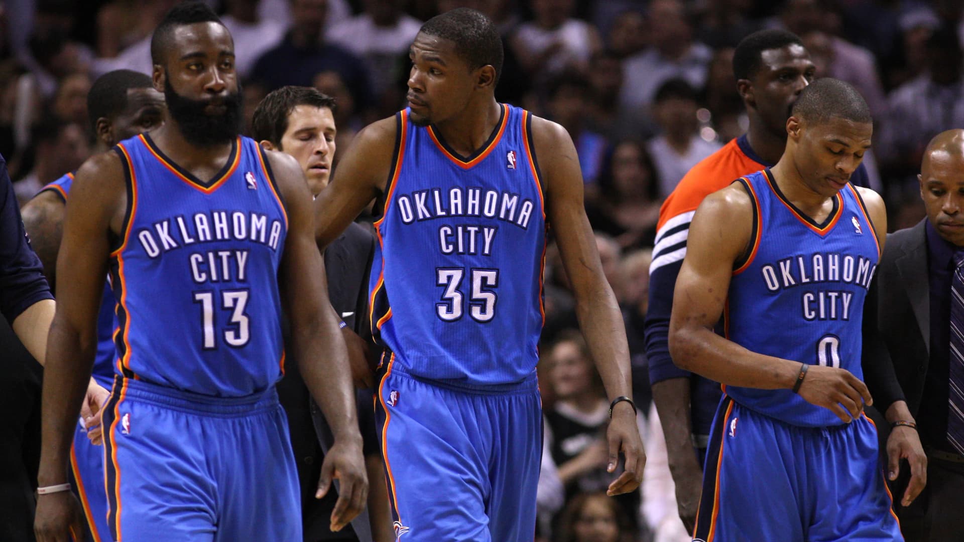 Kevin Durant, Russell Westbrook, and James Harden of the OKC Thunder
